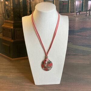 0067 Y2K Lia Sophia Pink Suede Cord Necklace w/Silver, Pink Enamel & Rhinestones